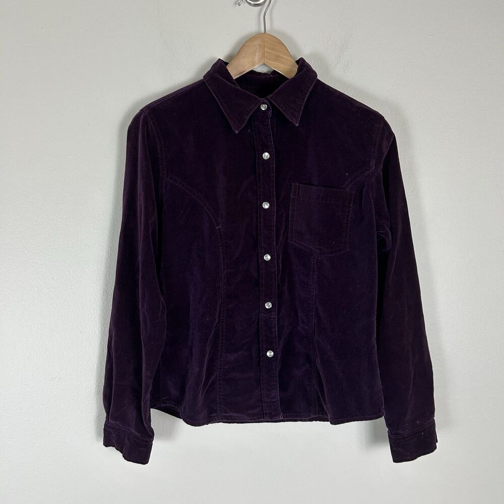 Vintage Jeanswear M Velvet Shirt Purple Pearl Snap Long Sleeve Top Western Rodeo